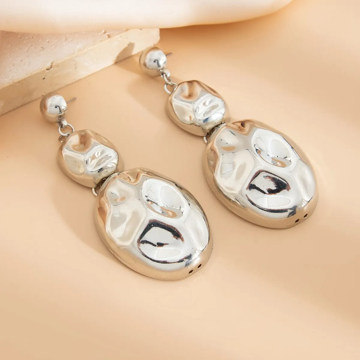 Exaggerated Gold Silver Tone Pleated Oval Dangle Earrings Necklace