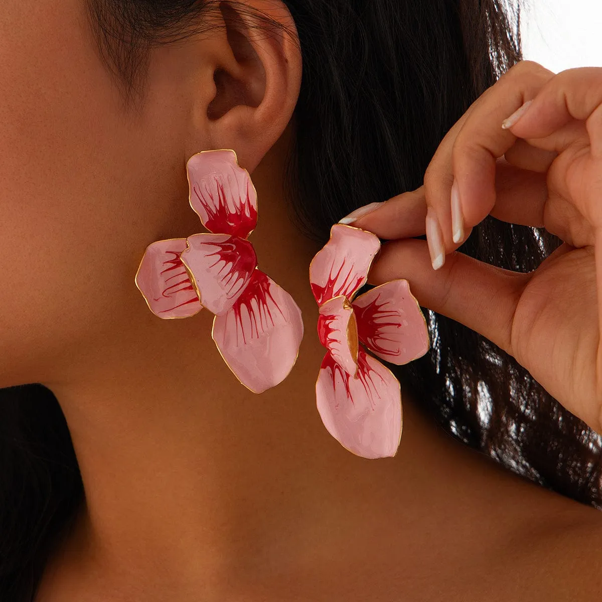 Exaggerated Pink Enamel Flower Stud Earrings