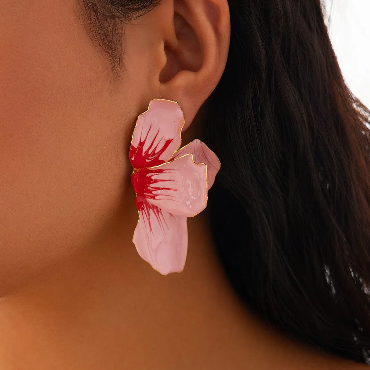 Exaggerated Pink Enamel Flower Stud Earrings