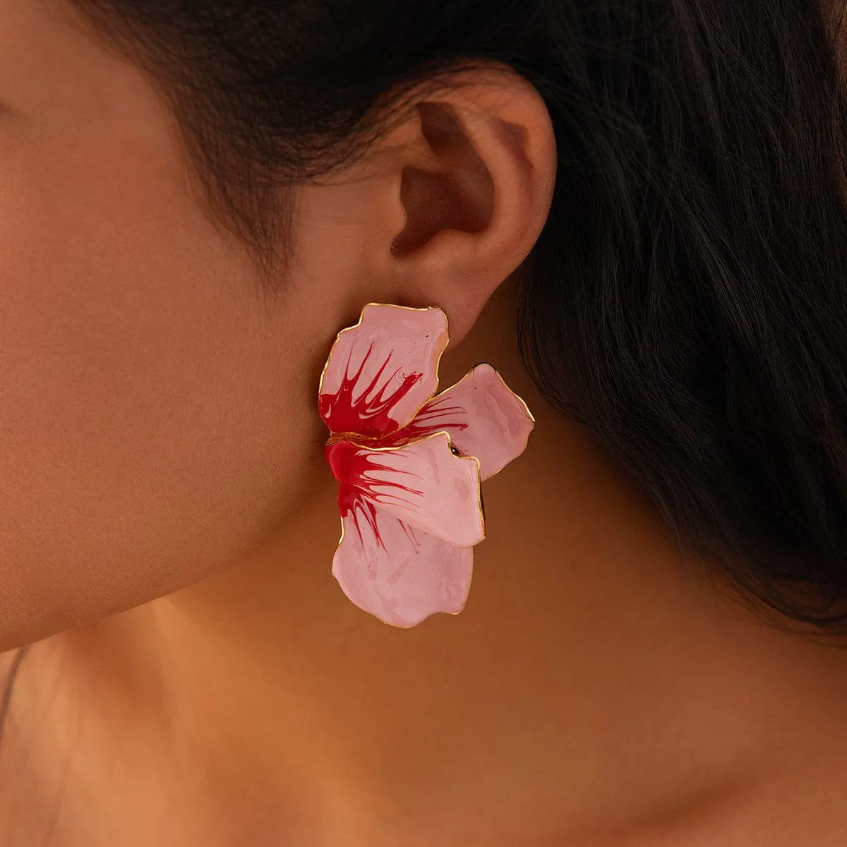 Exaggerated Pink Enamel Flower Stud Earrings