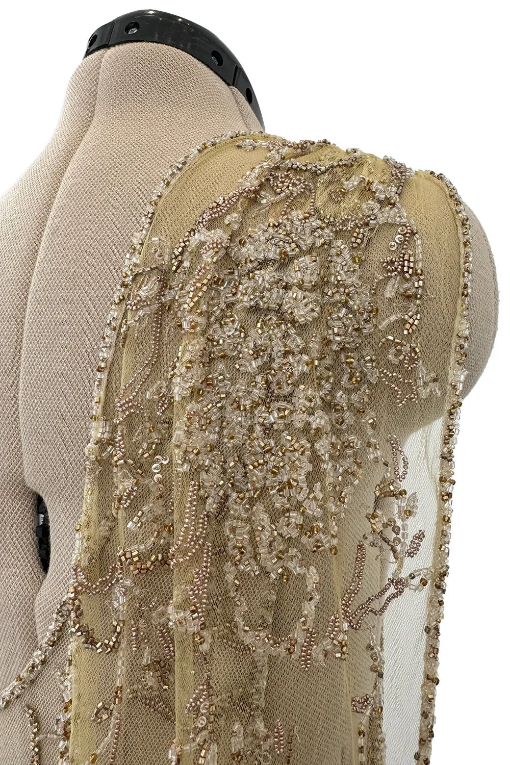 Exquisite Spring 1993 John Anthony Hand Beaded One Shoulder Dress on Pale Gold Silk Net