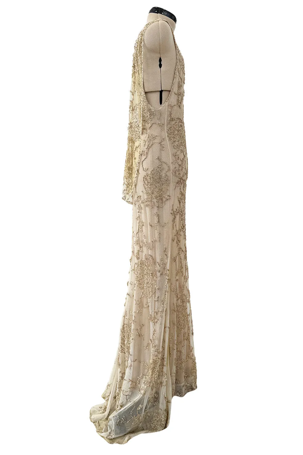 Exquisite Spring 1993 John Anthony Hand Beaded One Shoulder Dress on Pale Gold Silk Net