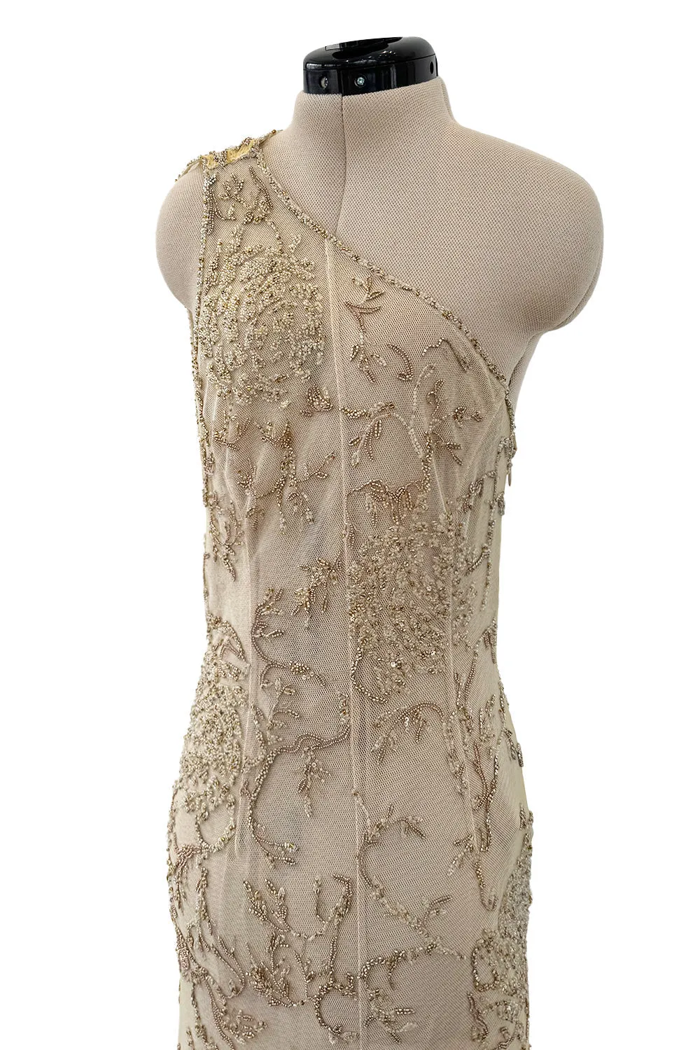 Exquisite Spring 1993 John Anthony Hand Beaded One Shoulder Dress on Pale Gold Silk Net