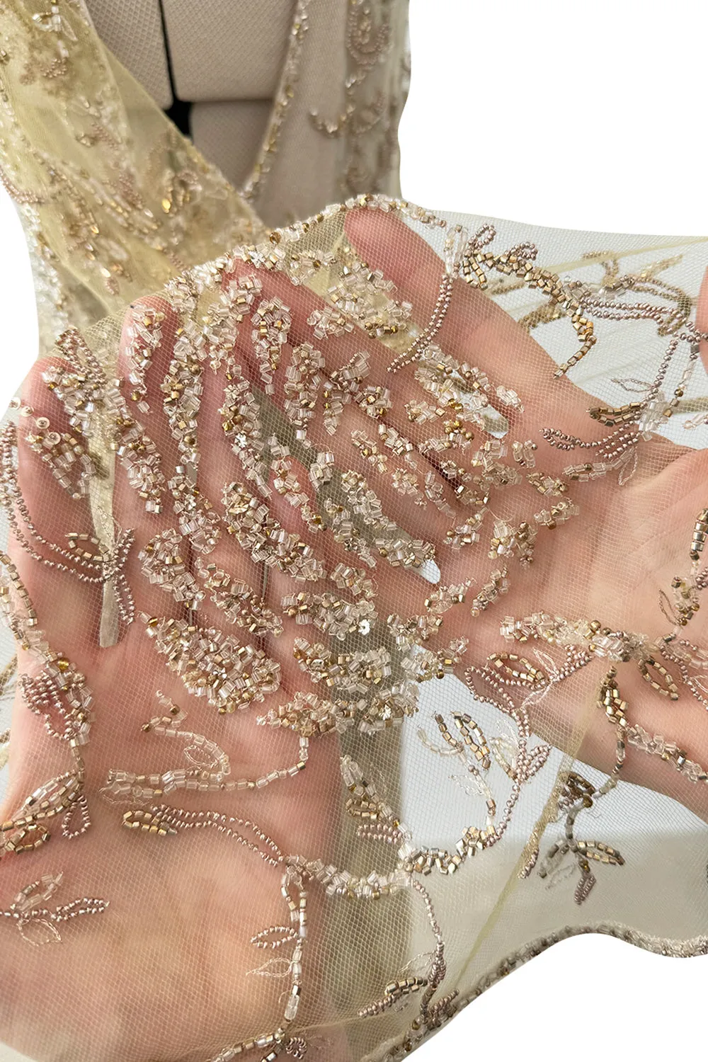 Exquisite Spring 1993 John Anthony Hand Beaded One Shoulder Dress on Pale Gold Silk Net