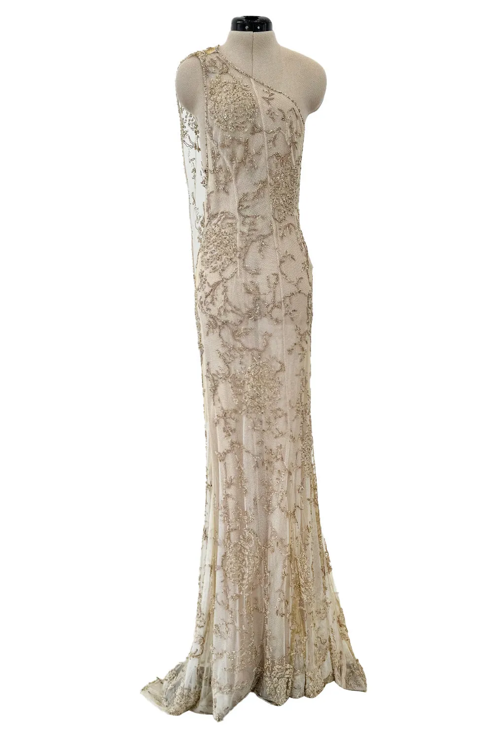 Exquisite Spring 1993 John Anthony Hand Beaded One Shoulder Dress on Pale Gold Silk Net