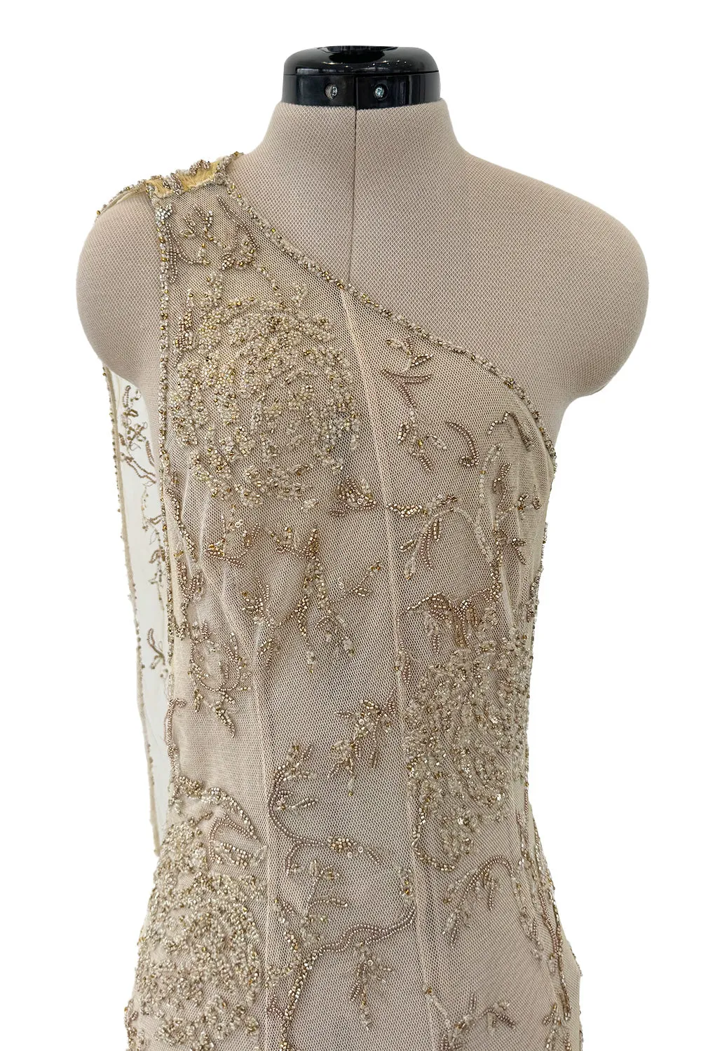 Exquisite Spring 1993 John Anthony Hand Beaded One Shoulder Dress on Pale Gold Silk Net
