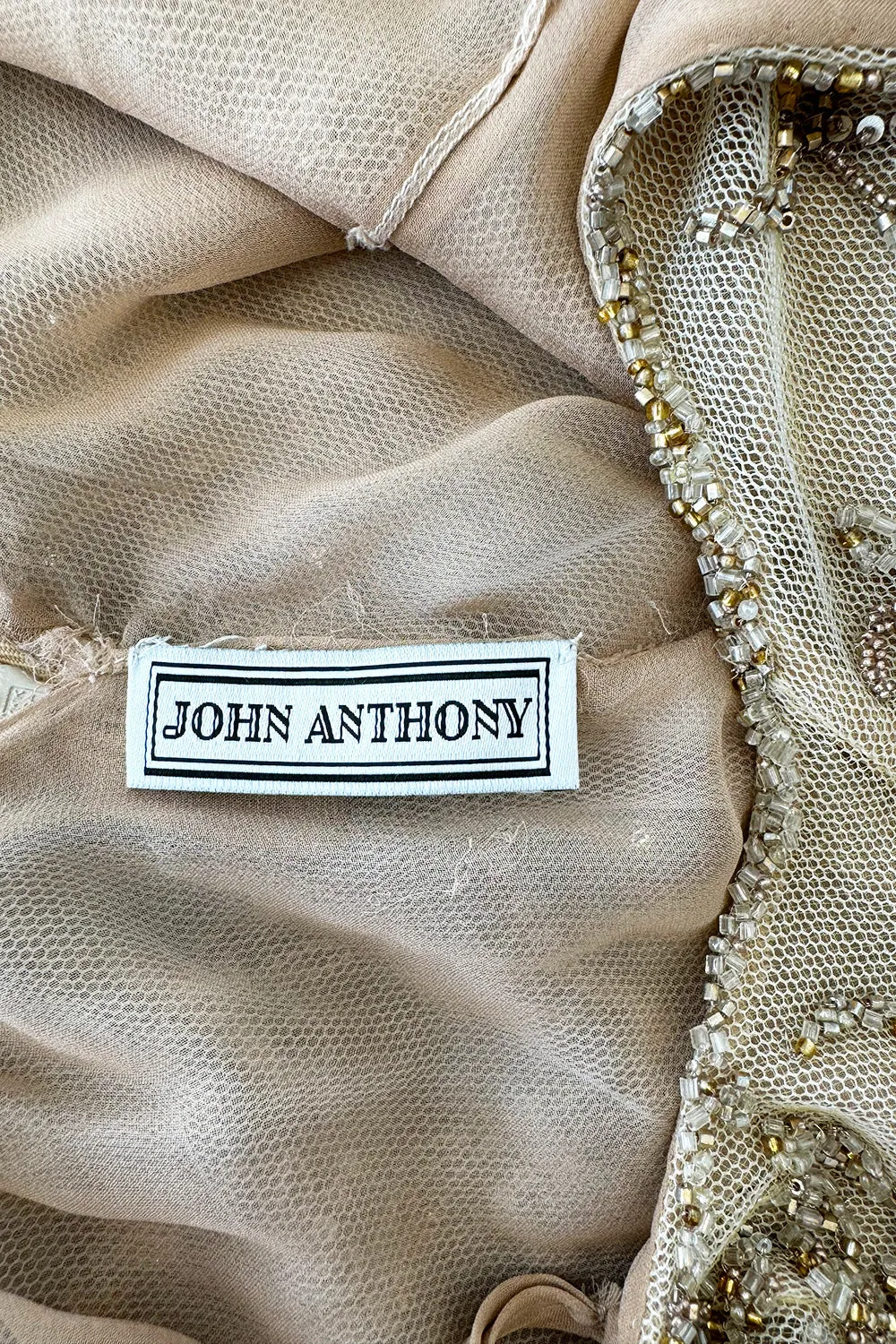 Exquisite Spring 1993 John Anthony Hand Beaded One Shoulder Dress on Pale Gold Silk Net