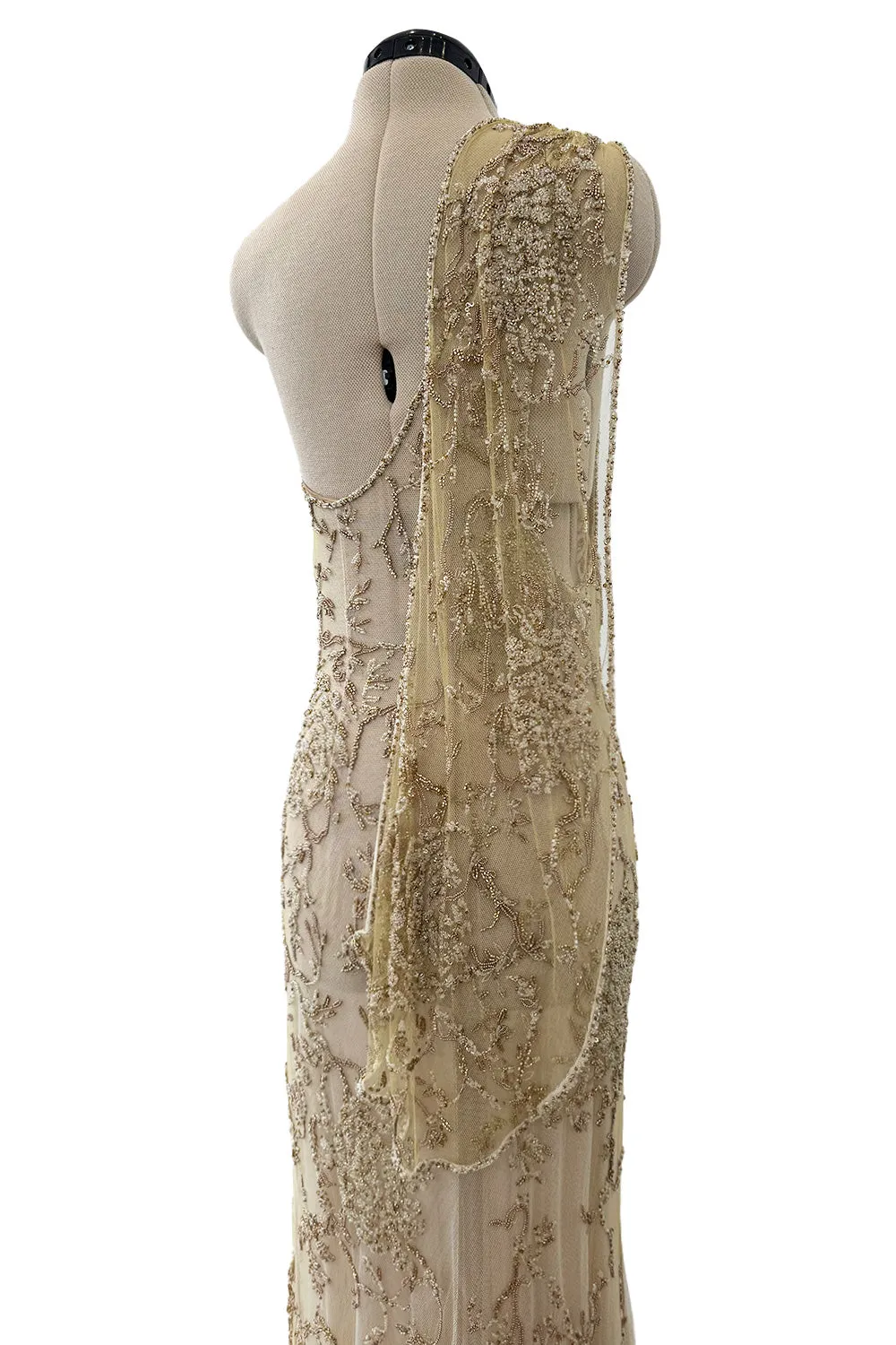 Exquisite Spring 1993 John Anthony Hand Beaded One Shoulder Dress on Pale Gold Silk Net