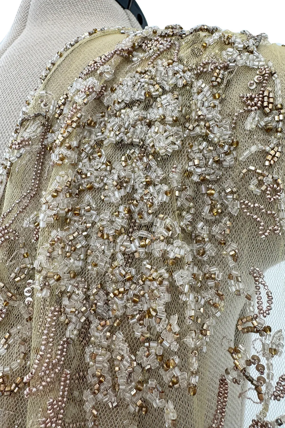 Exquisite Spring 1993 John Anthony Hand Beaded One Shoulder Dress on Pale Gold Silk Net