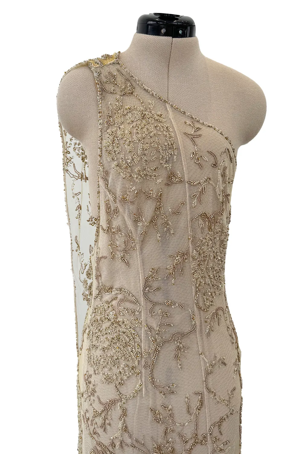 Exquisite Spring 1993 John Anthony Hand Beaded One Shoulder Dress on Pale Gold Silk Net