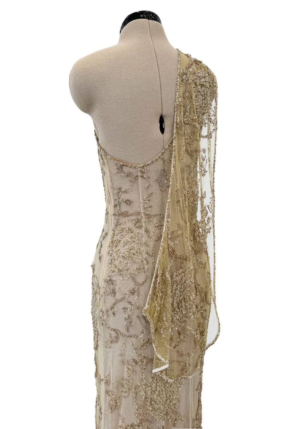 Exquisite Spring 1993 John Anthony Hand Beaded One Shoulder Dress on Pale Gold Silk Net