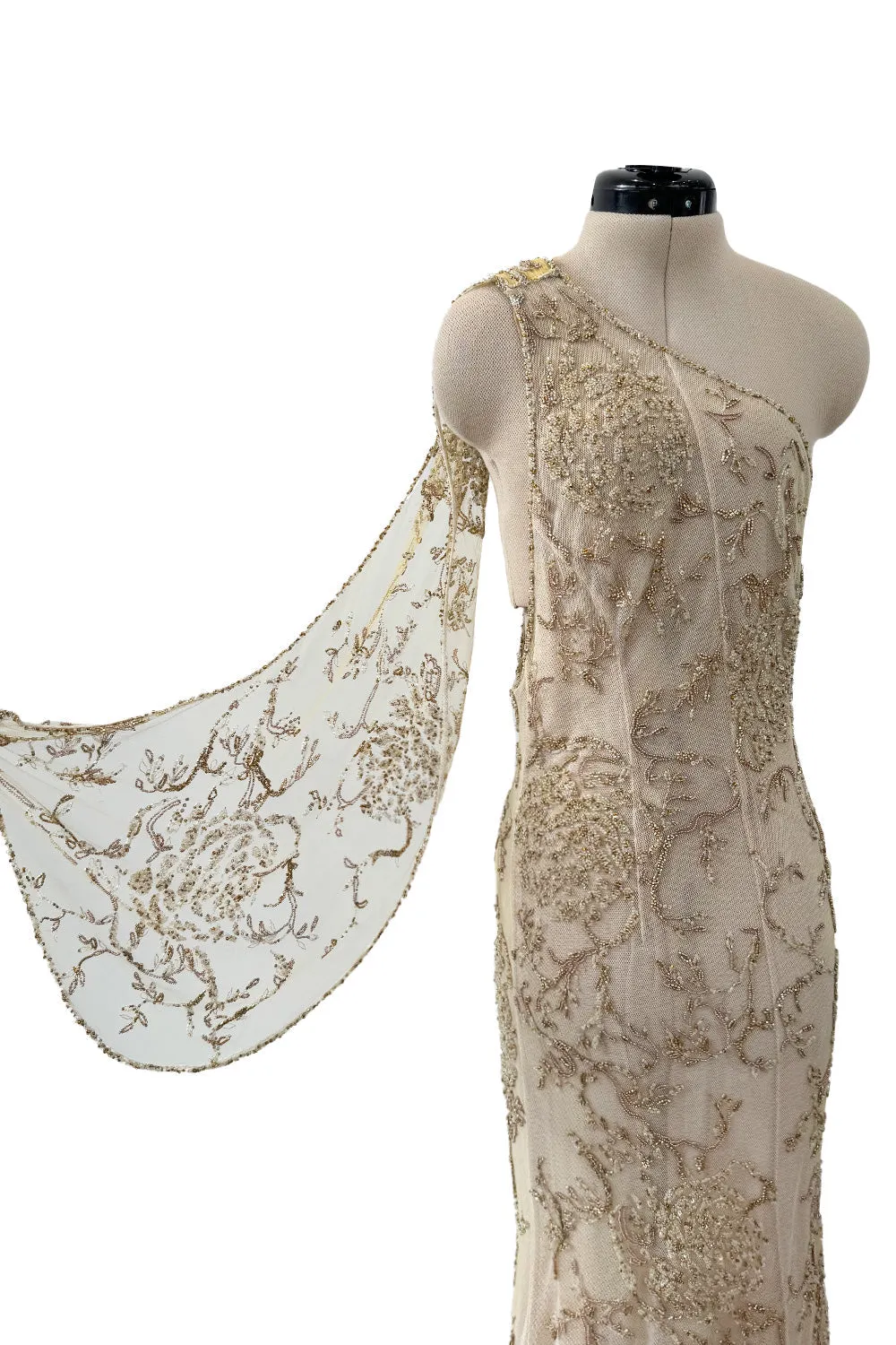 Exquisite Spring 1993 John Anthony Hand Beaded One Shoulder Dress on Pale Gold Silk Net