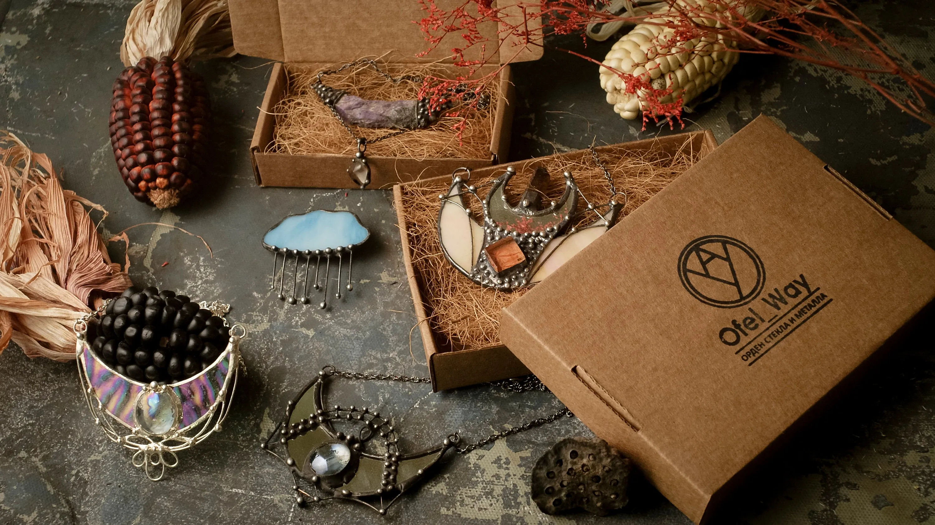 Feather Necklace with Moon Stone cabochon