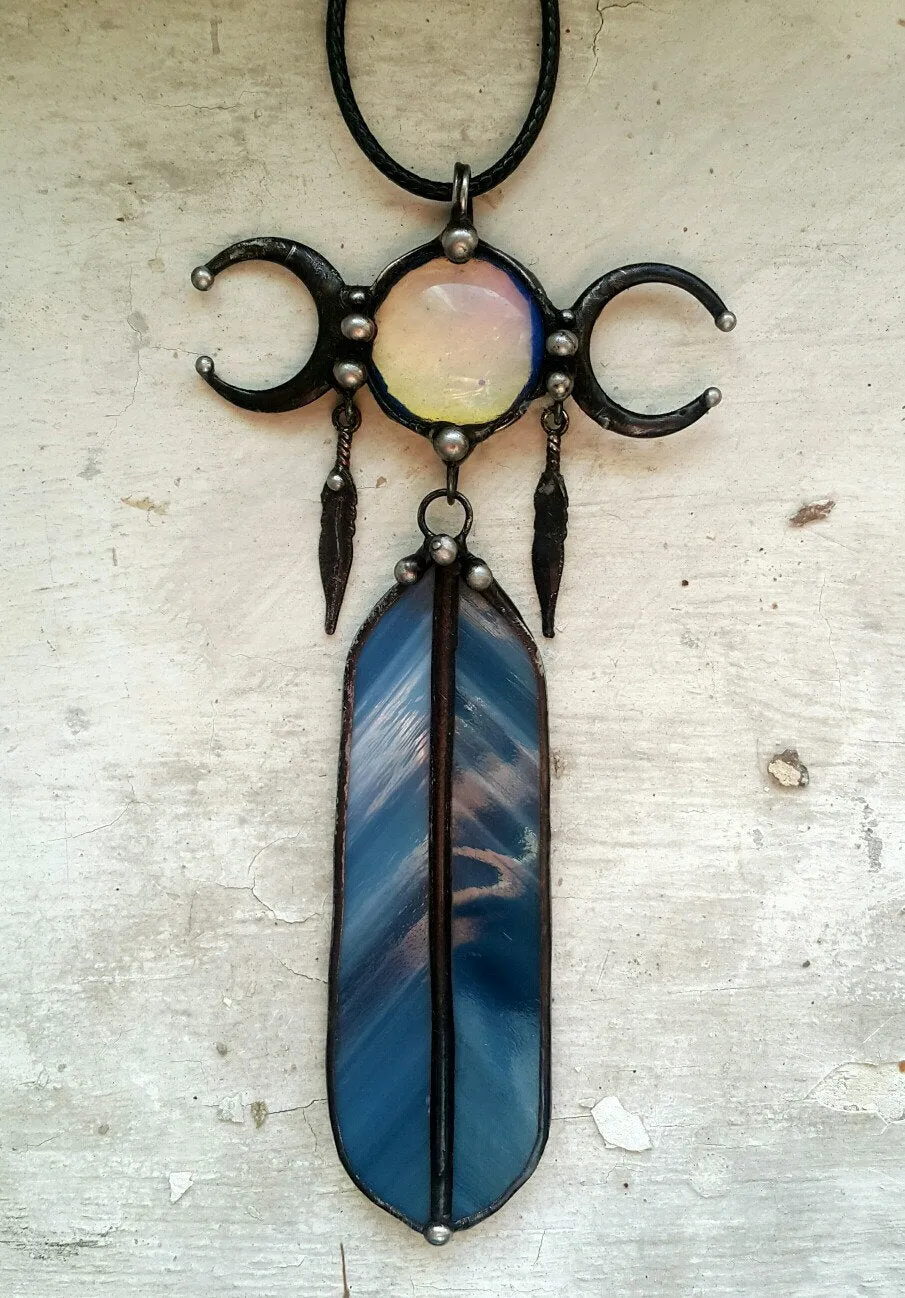 Feather Necklace with Moon Stone cabochon