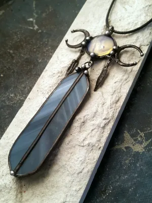 Feather Necklace with Moon Stone cabochon