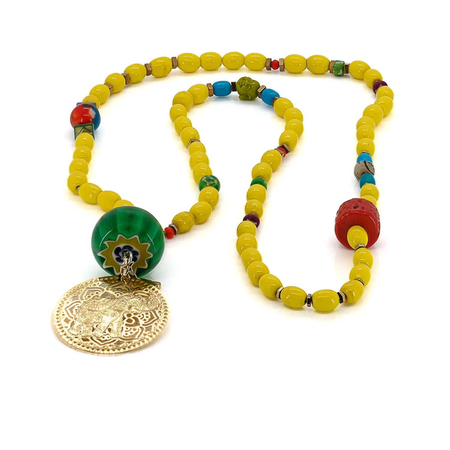 Filigree Gold Elephant Pendant African Beaded Yellow Necklace