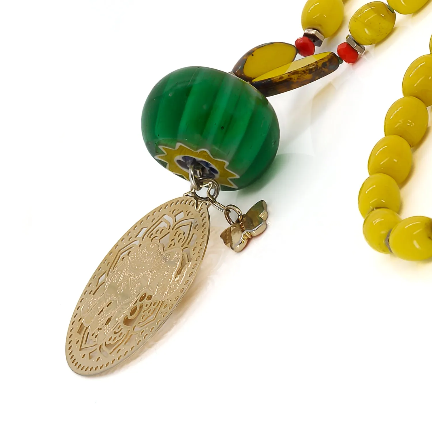 Filigree Gold Elephant Pendant African Beaded Yellow Necklace