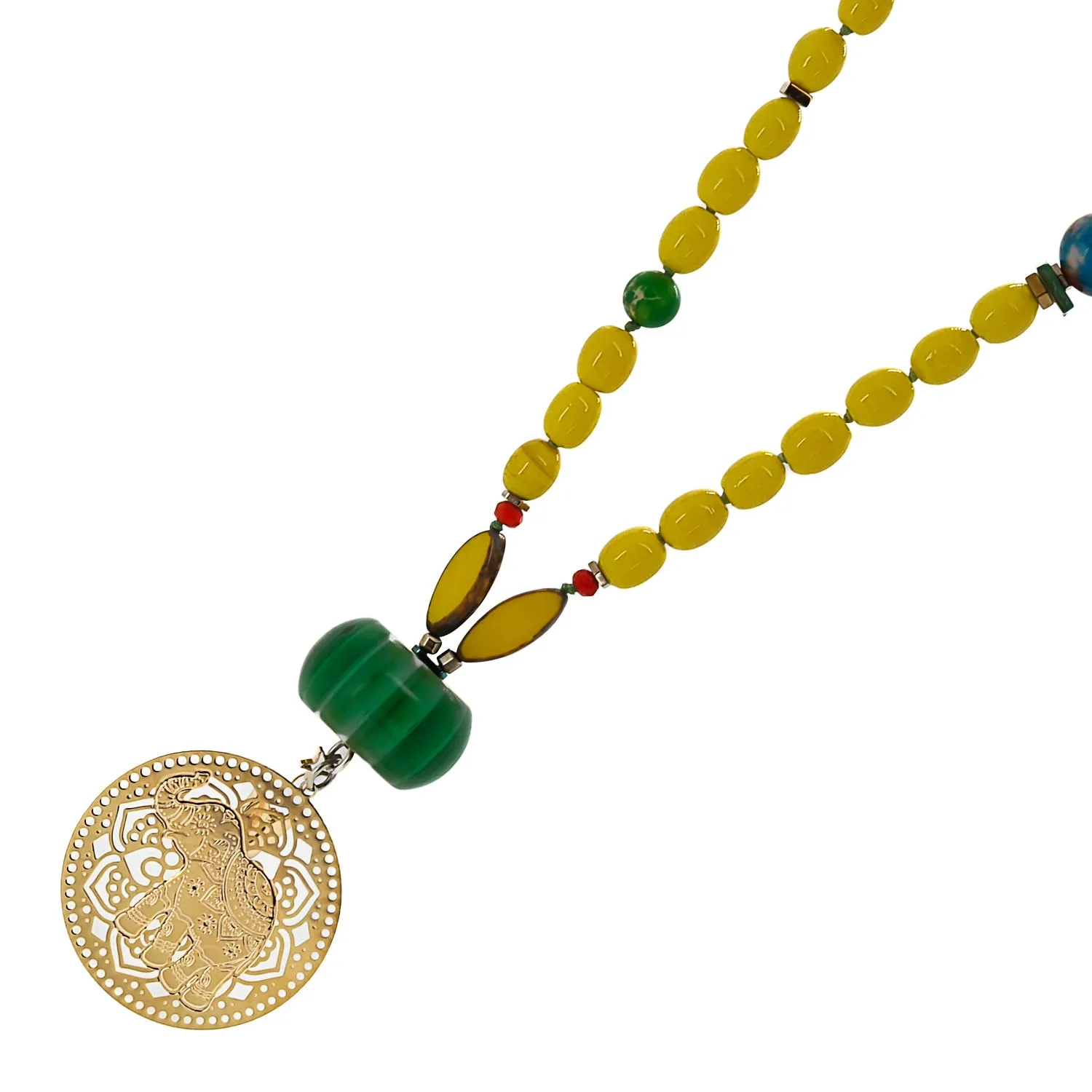 Filigree Gold Elephant Pendant African Beaded Yellow Necklace