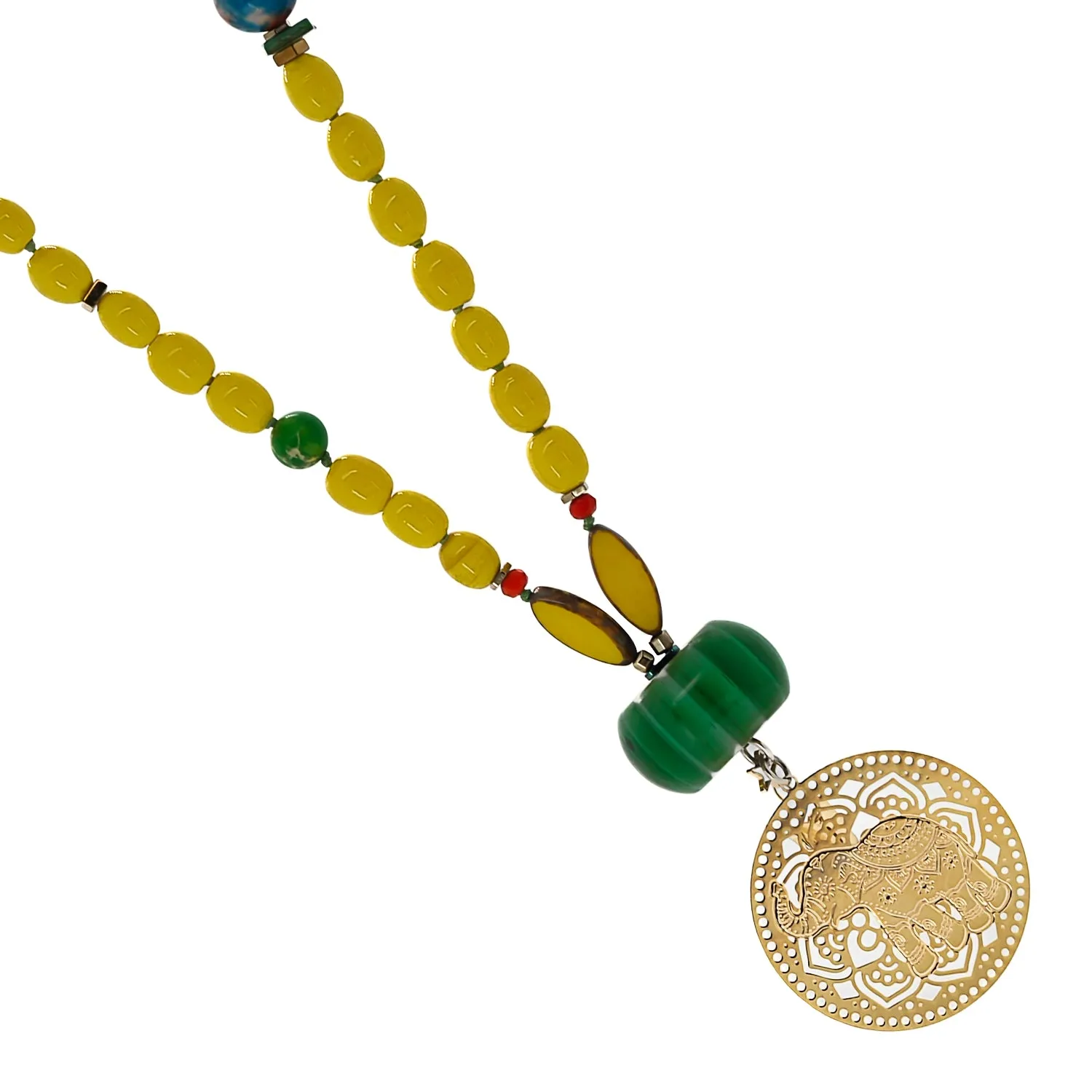 Filigree Gold Elephant Pendant African Beaded Yellow Necklace