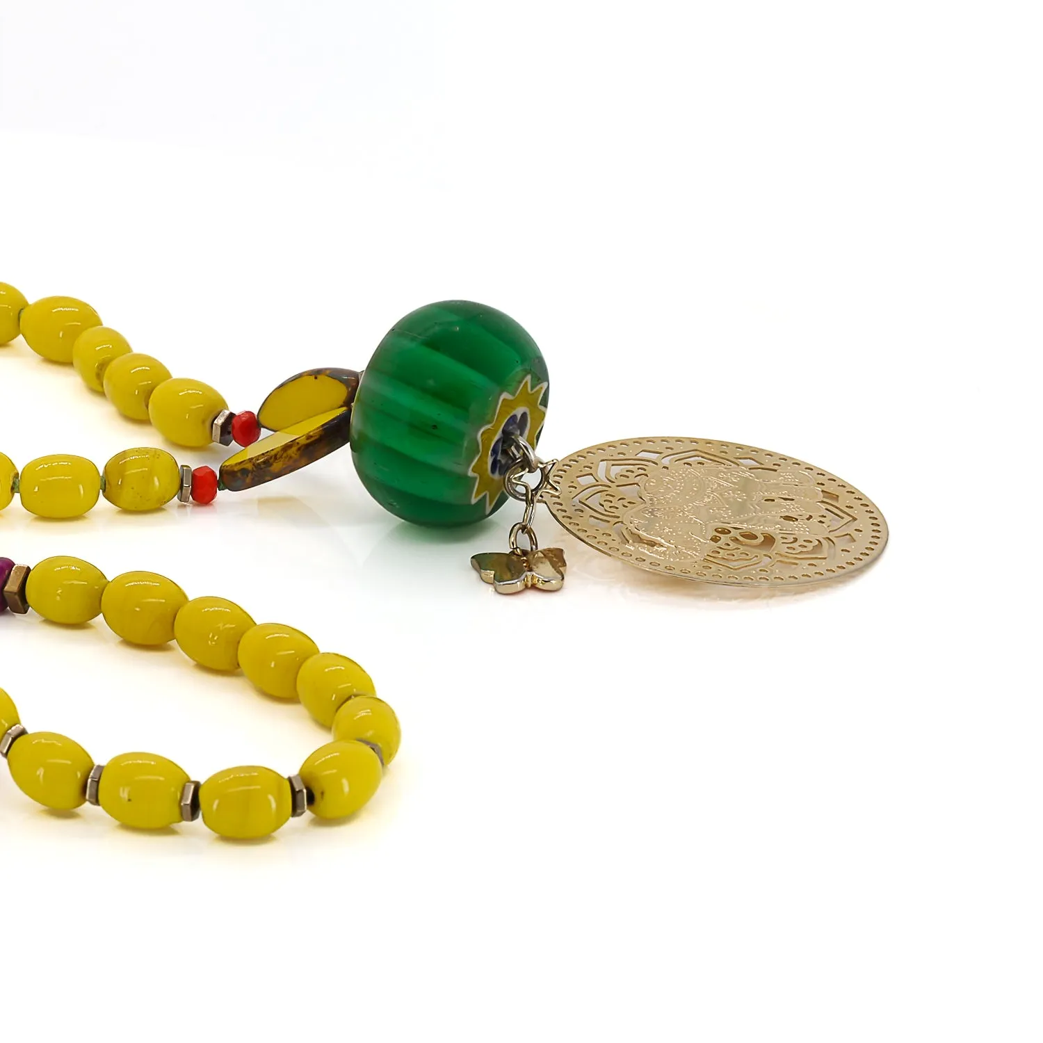 Filigree Gold Elephant Pendant African Beaded Yellow Necklace