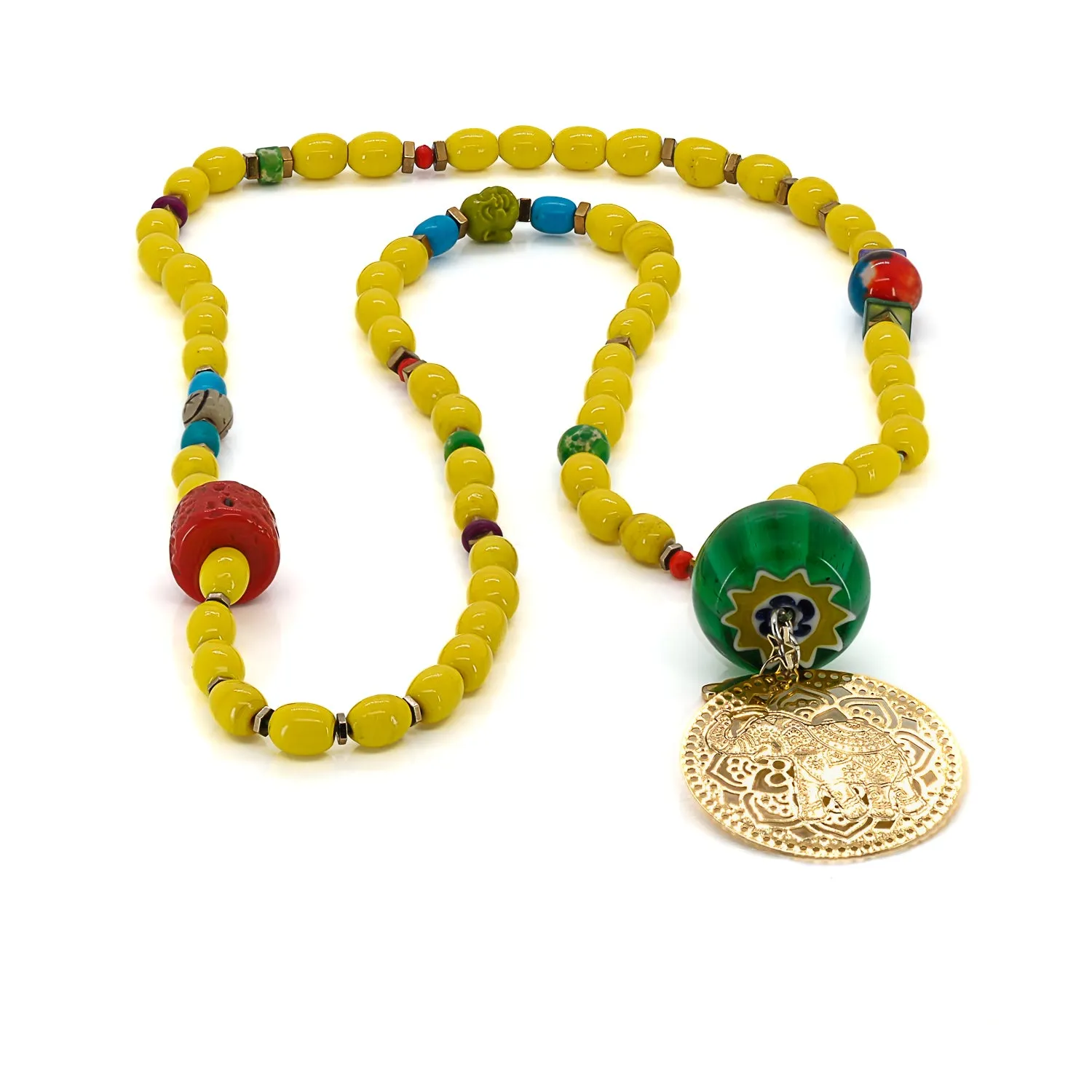 Filigree Gold Elephant Pendant African Beaded Yellow Necklace