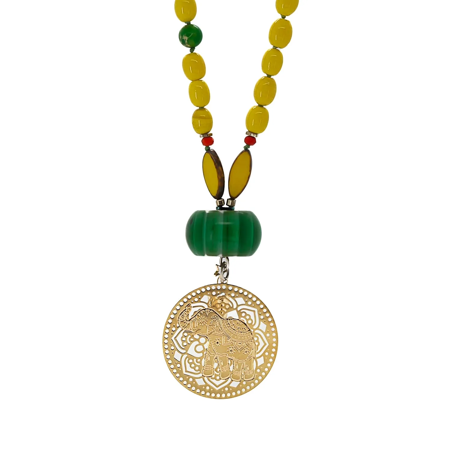 Filigree Gold Elephant Pendant African Beaded Yellow Necklace