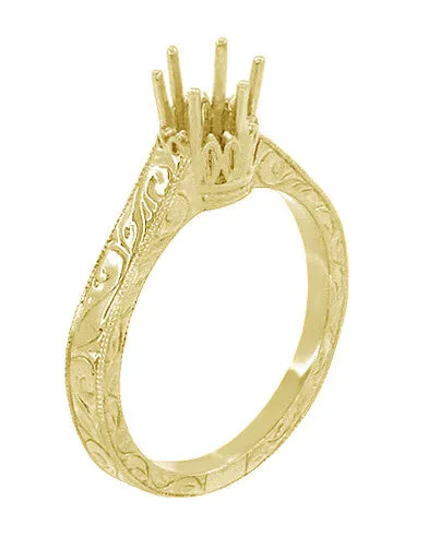 Filigree Scrolls Art Deco 1/4 Carat Crown Engagement Ring Setting in Yellow Gold