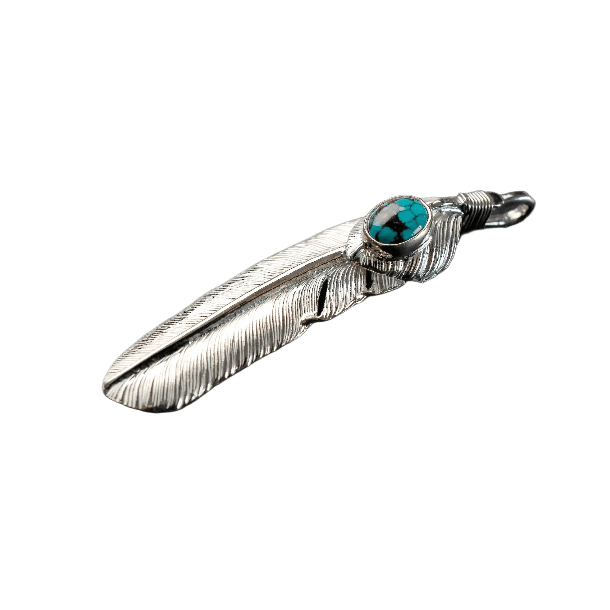 First Arrow's Large Feather Silver Pendant With Turquoise