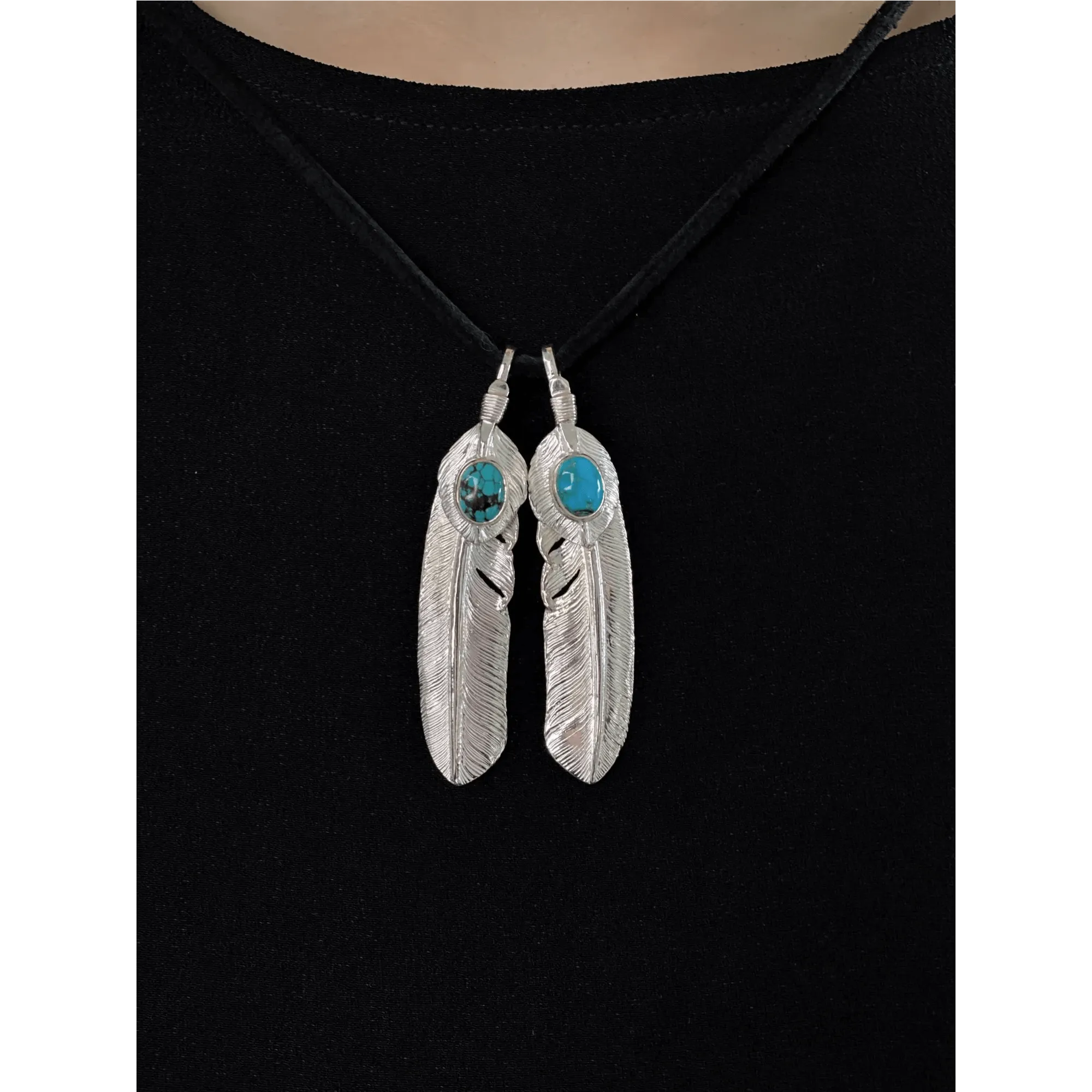 First Arrow's Large Feather Silver Pendant With Turquoise