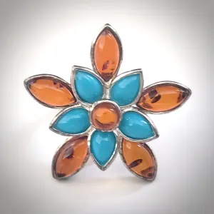 Flower Cognac Amber Turquoise Sterling Silver Ring