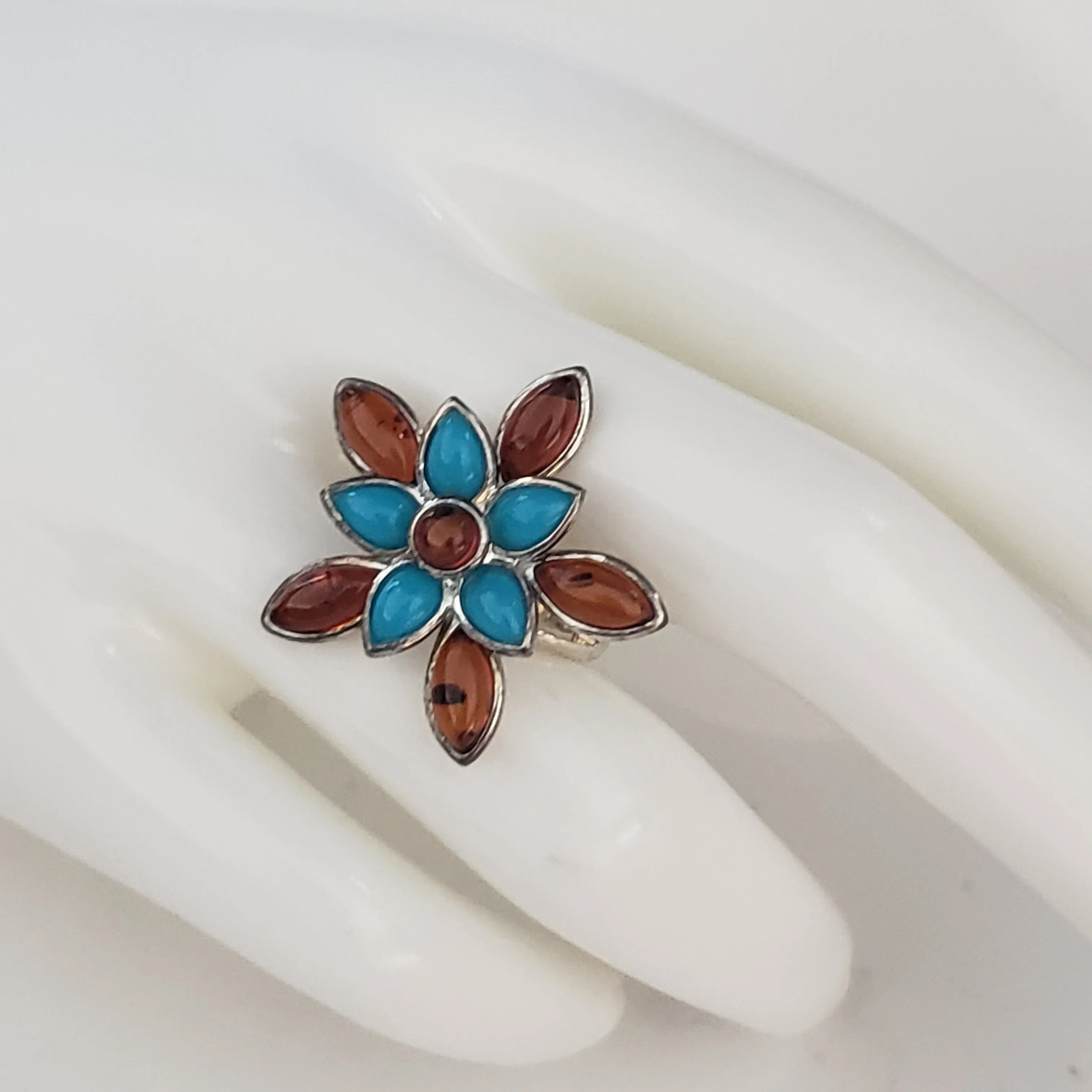Flower Cognac Amber Turquoise Sterling Silver Ring