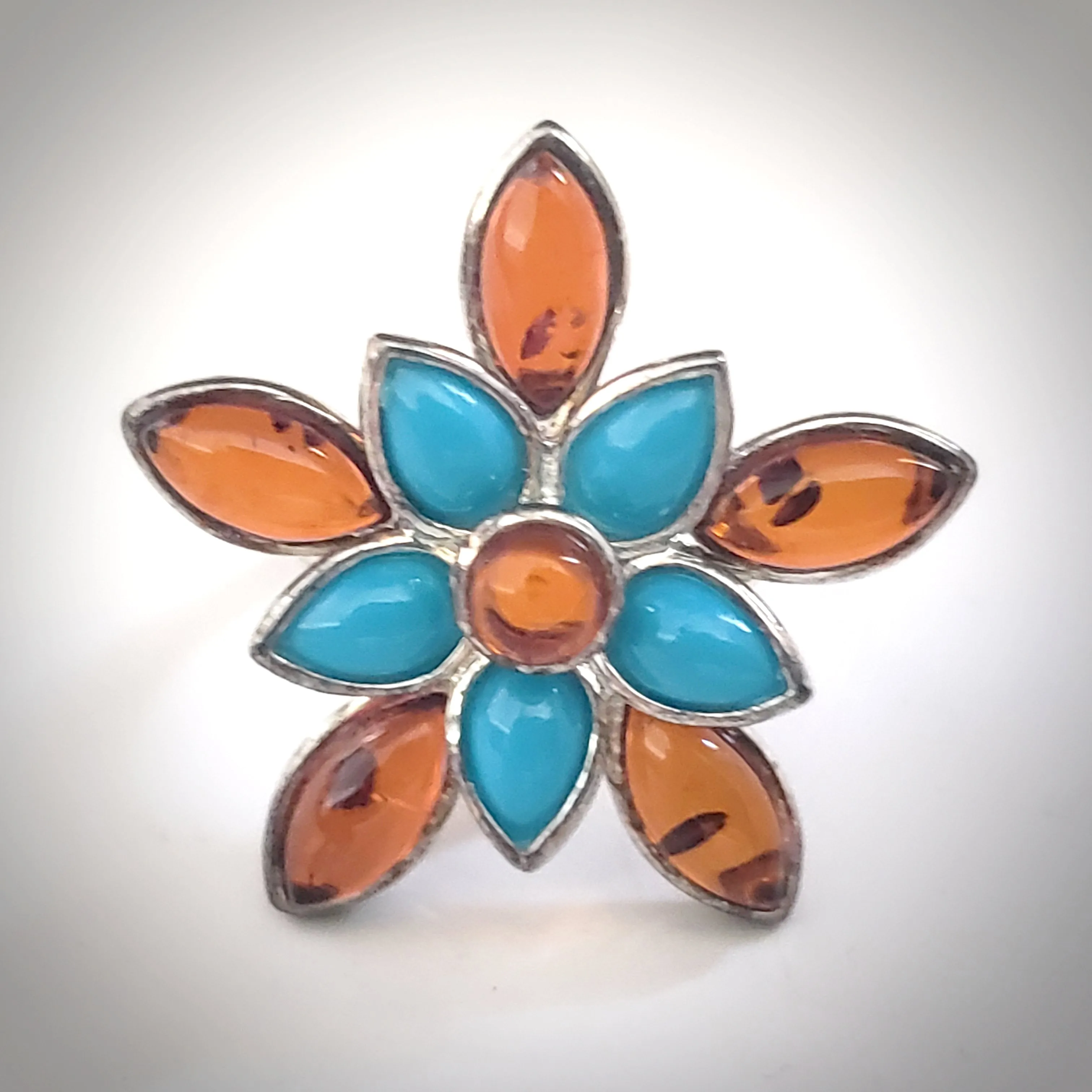 Flower Cognac Amber Turquoise Sterling Silver Ring