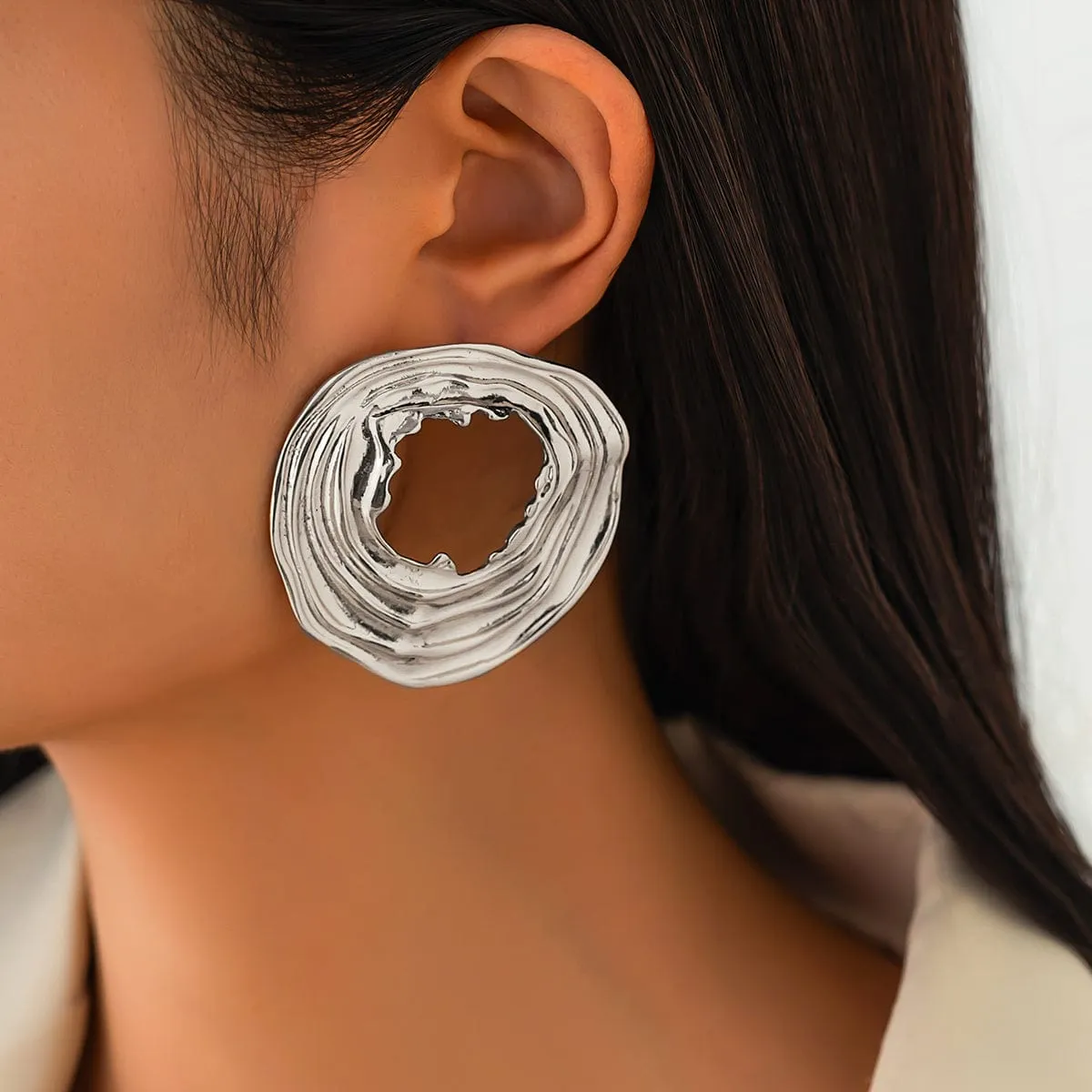 Geometric Chunky Irregular Textured Hoop Stud Earrings
