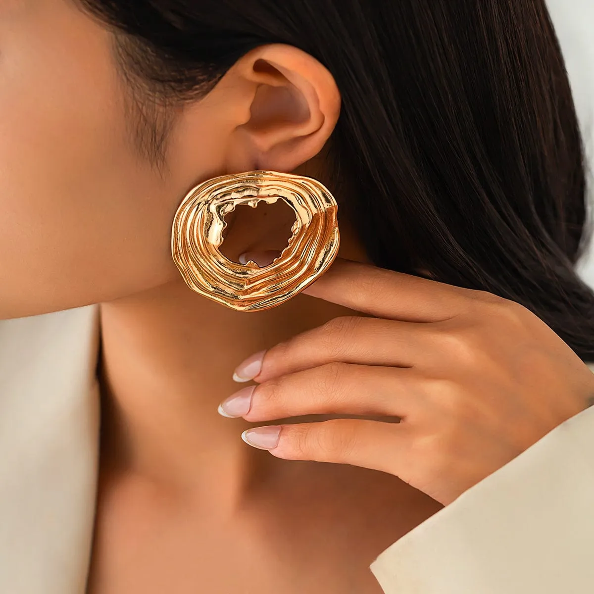 Geometric Chunky Irregular Textured Hoop Stud Earrings