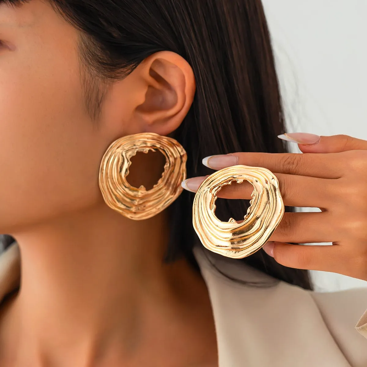 Geometric Chunky Irregular Textured Hoop Stud Earrings