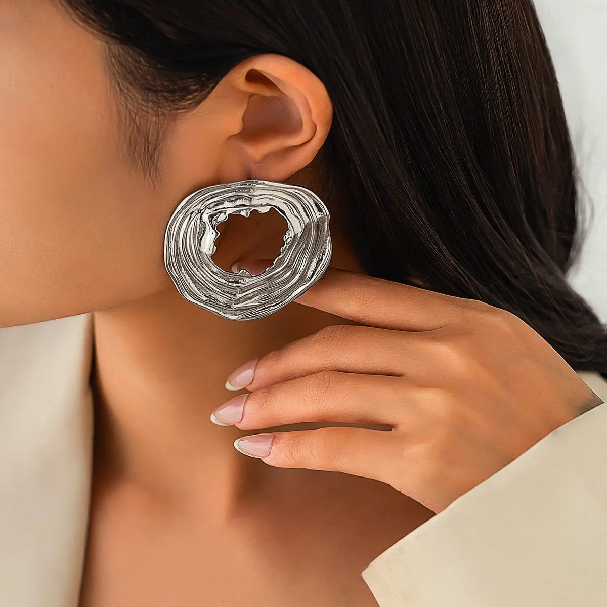 Geometric Chunky Irregular Textured Hoop Stud Earrings
