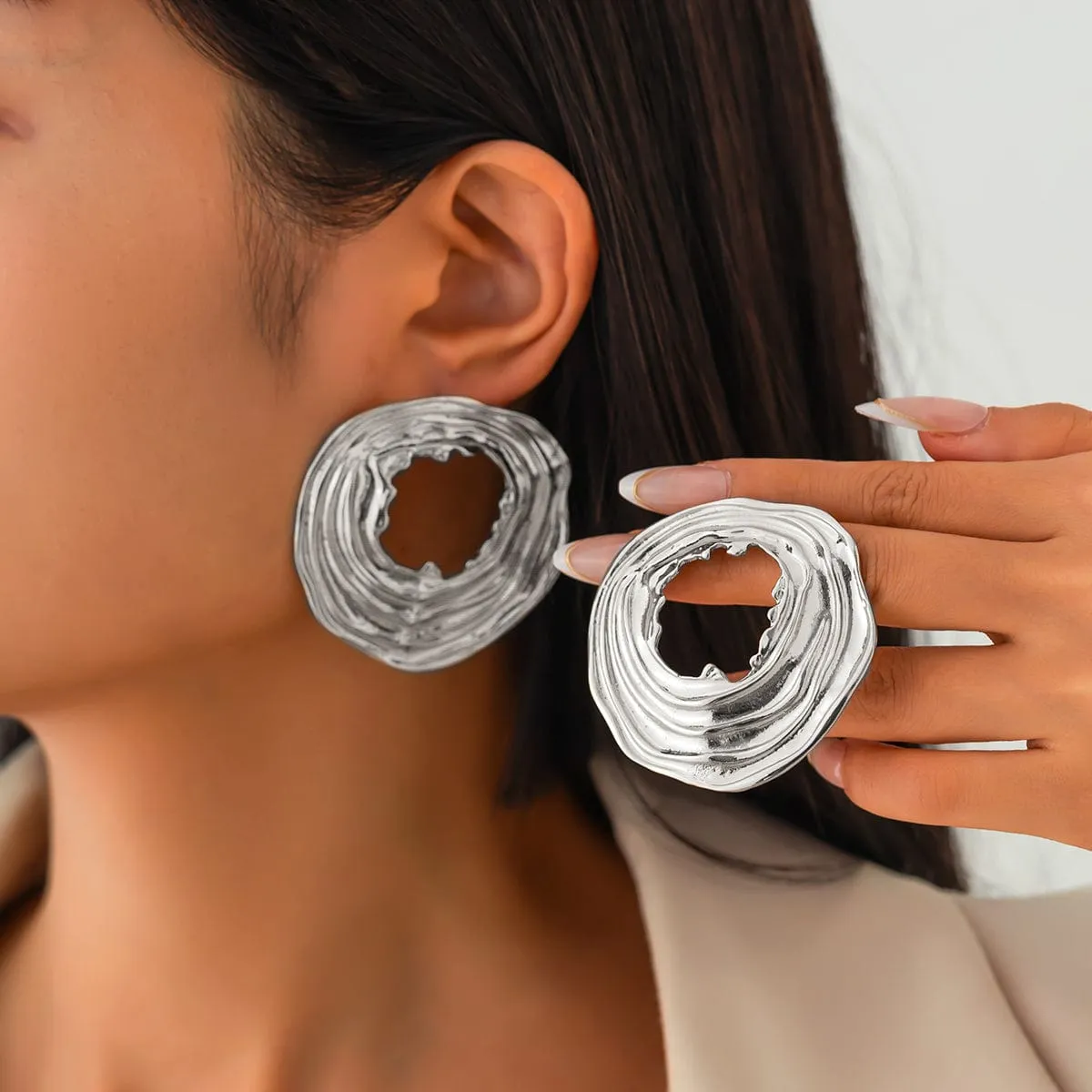 Geometric Chunky Irregular Textured Hoop Stud Earrings