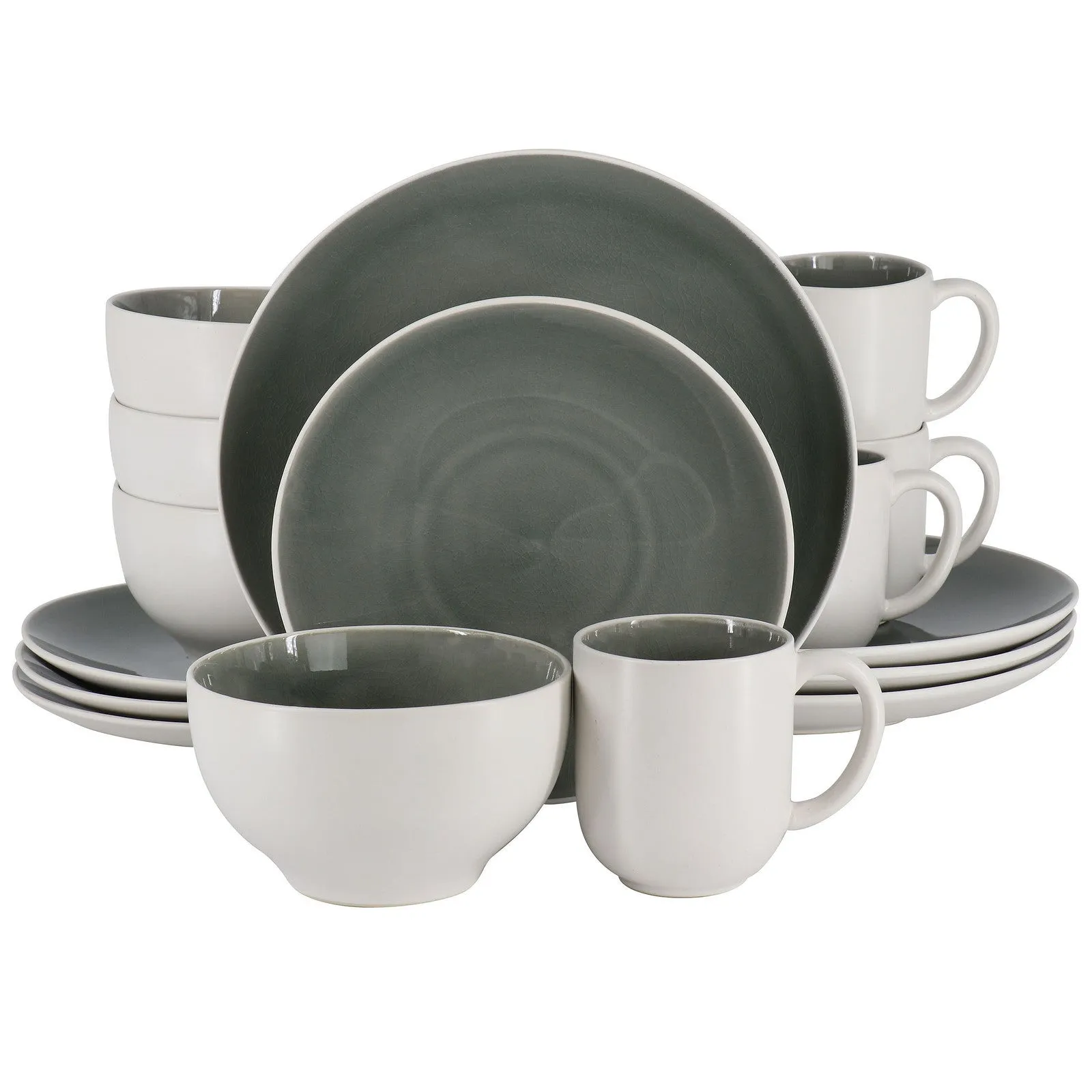 Gibson Elite Serenity Crackle Glazed 16 Piece Stoneware Dinnerware Set in Grey a
