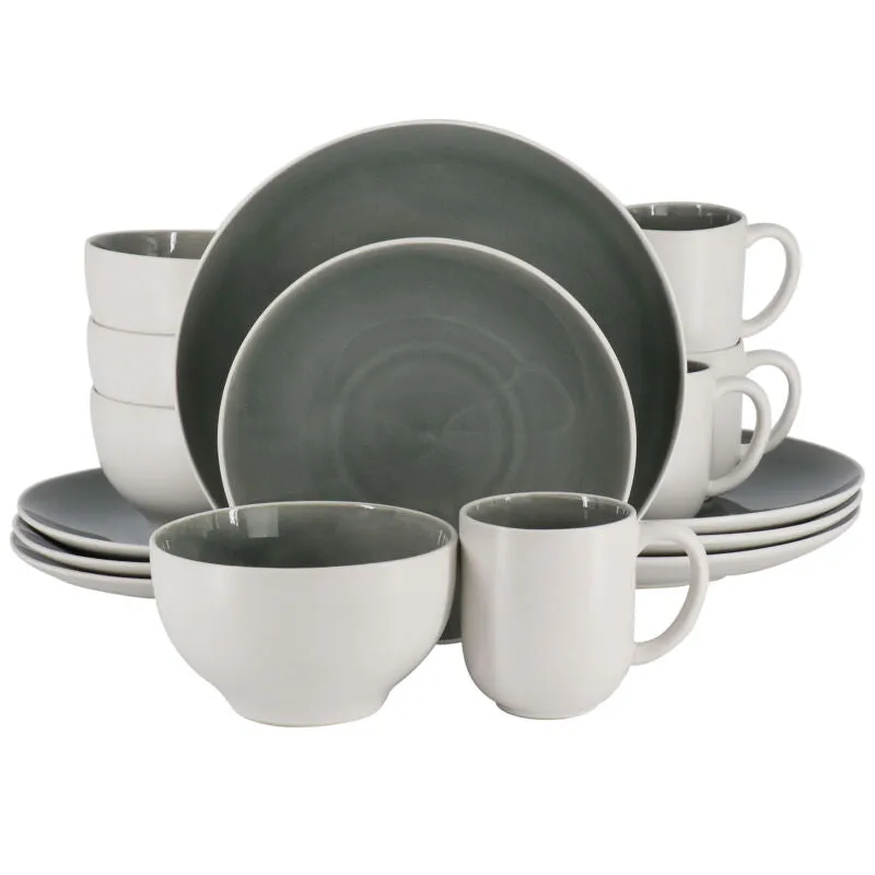 Gibson Elite Serenity Crackle Glazed 16 Piece Stoneware Dinnerware Set in Grey a