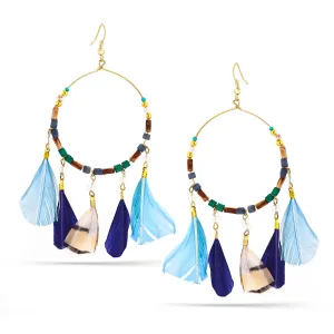 Gold And Multi-Color Wood Bead Feather Drop Earrings #ER-17539 (IE24)
