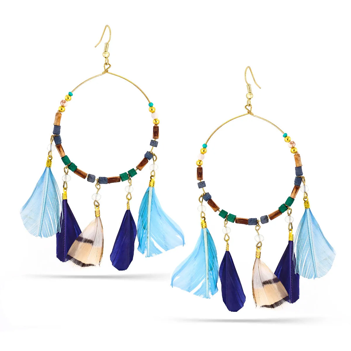Gold And Multi-Color Wood Bead Feather Drop Earrings #ER-17539 (IE24)