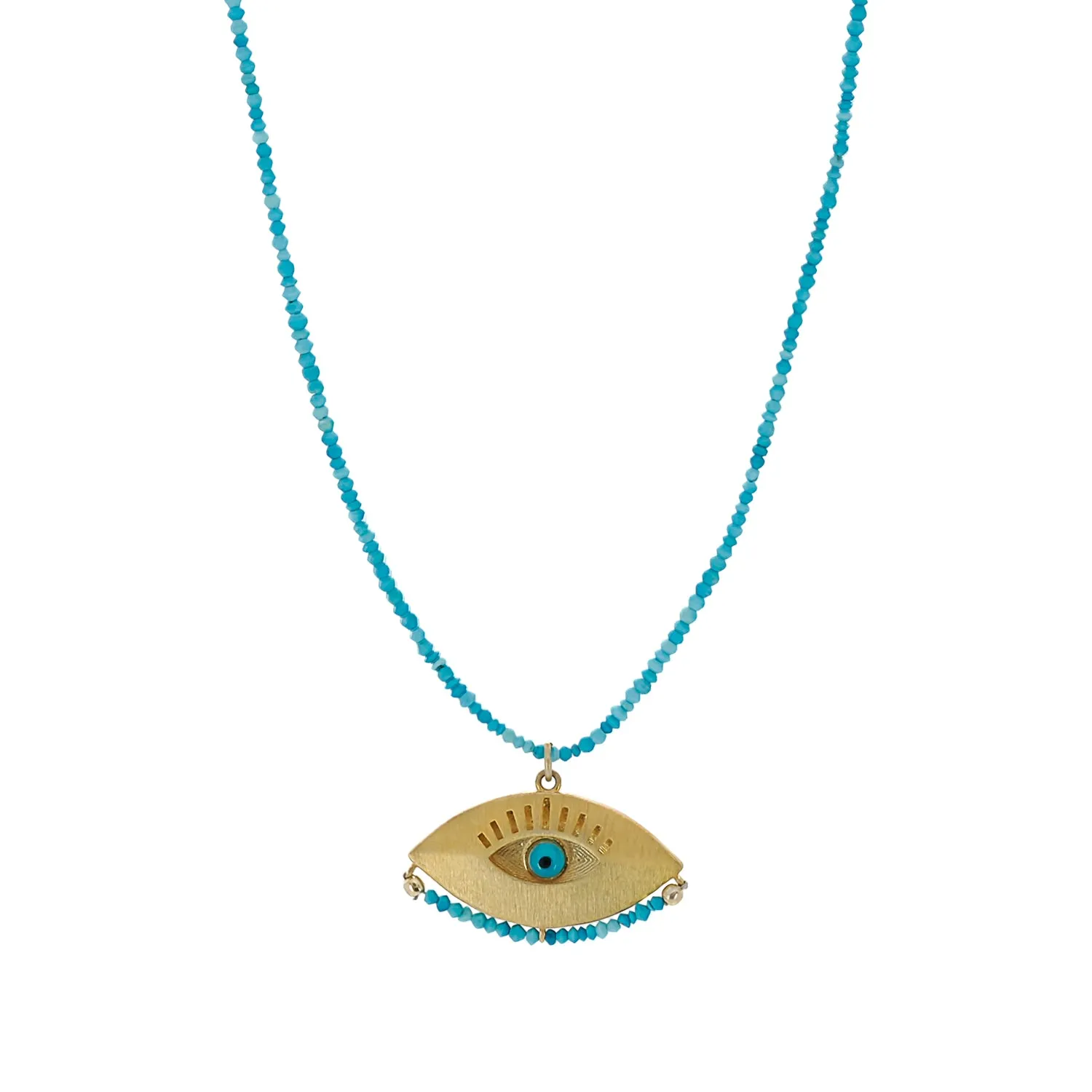 Gold Evil Eye Pendant Tiny Turquoise Stone Beaded Positive Necklace