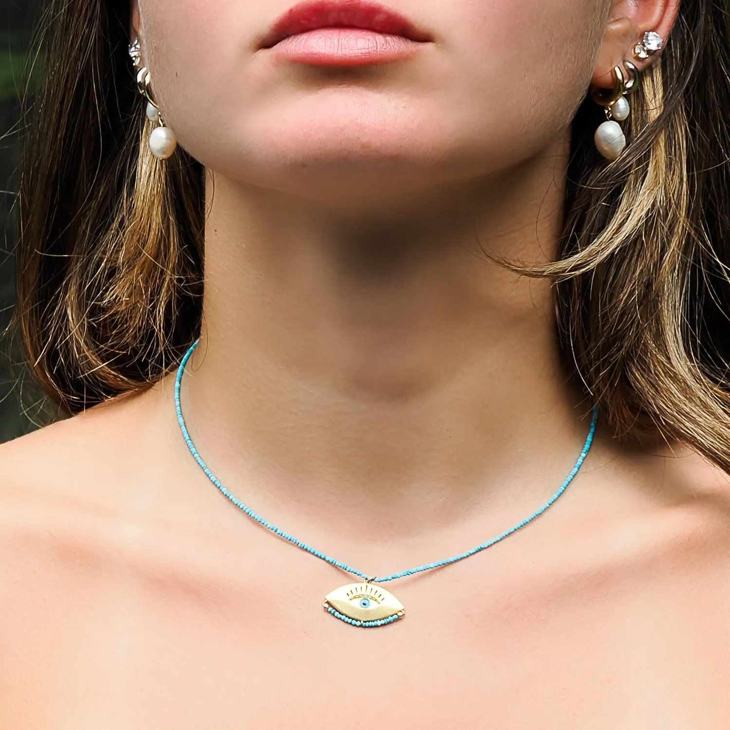 Gold Evil Eye Pendant Tiny Turquoise Stone Beaded Positive Necklace