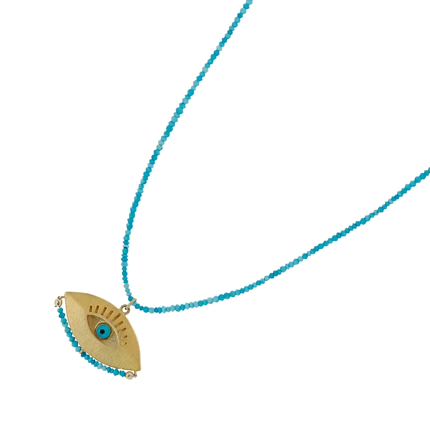 Gold Evil Eye Pendant Tiny Turquoise Stone Beaded Positive Necklace