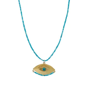 Gold Evil Eye Pendant Tiny Turquoise Stone Beaded Positive Necklace