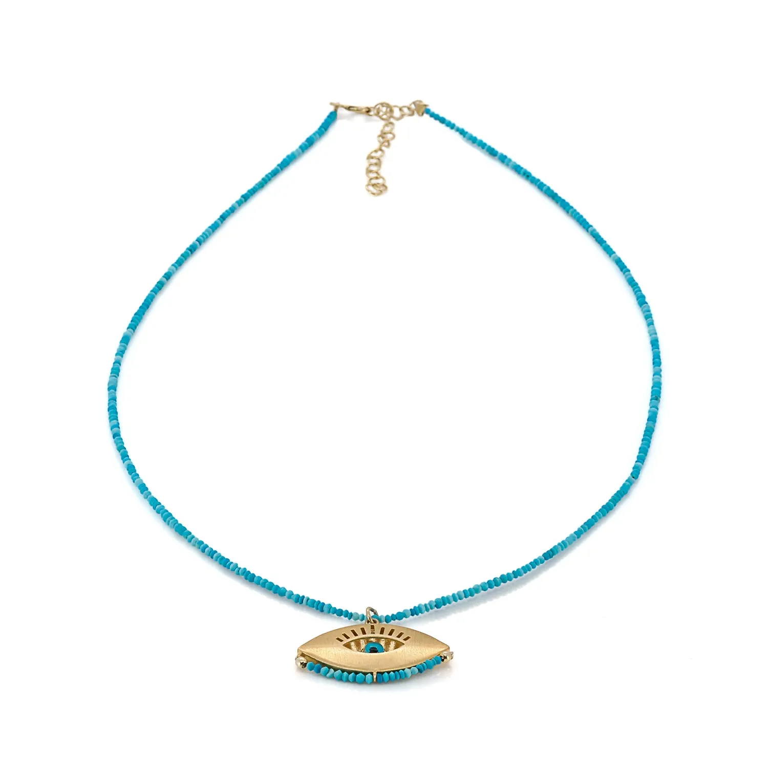 Gold Evil Eye Pendant Tiny Turquoise Stone Beaded Positive Necklace
