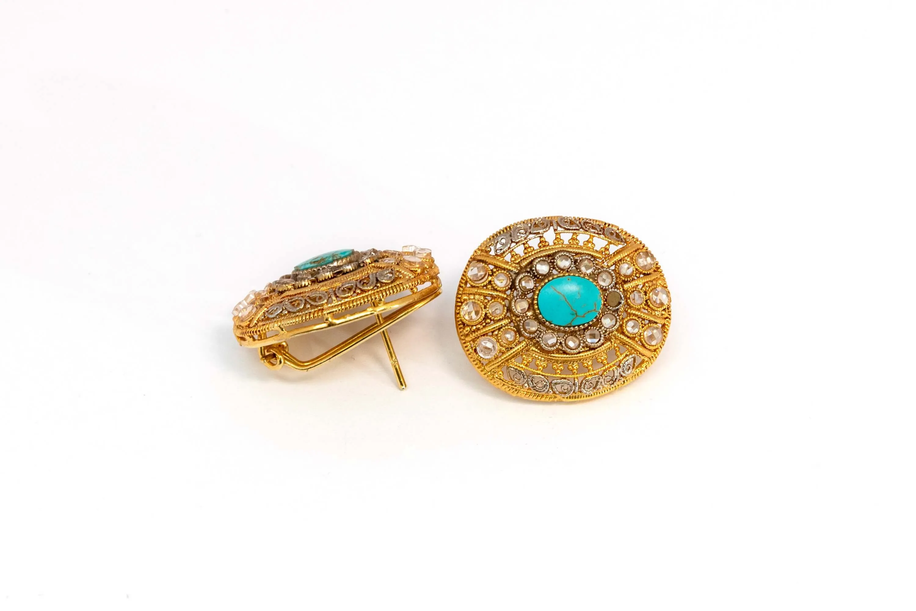 Gold Stud Earrings With Turquoises Stone