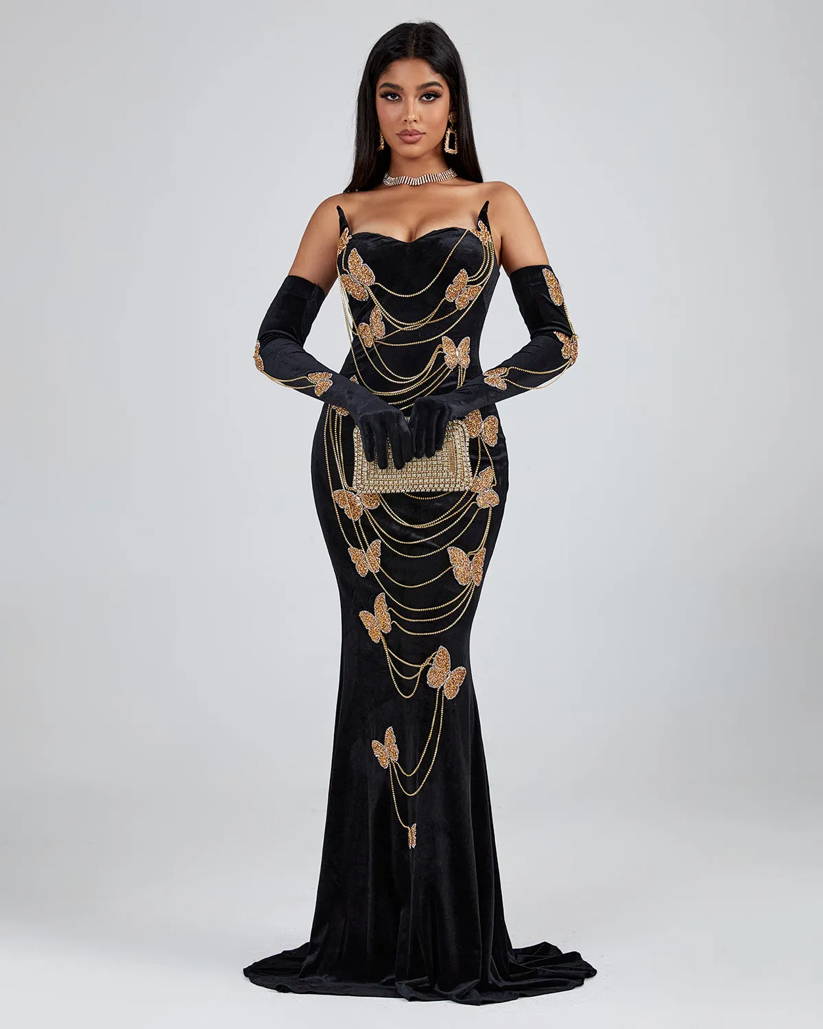 Golden Butterfly Ornamented Maxi Dress With Gloves