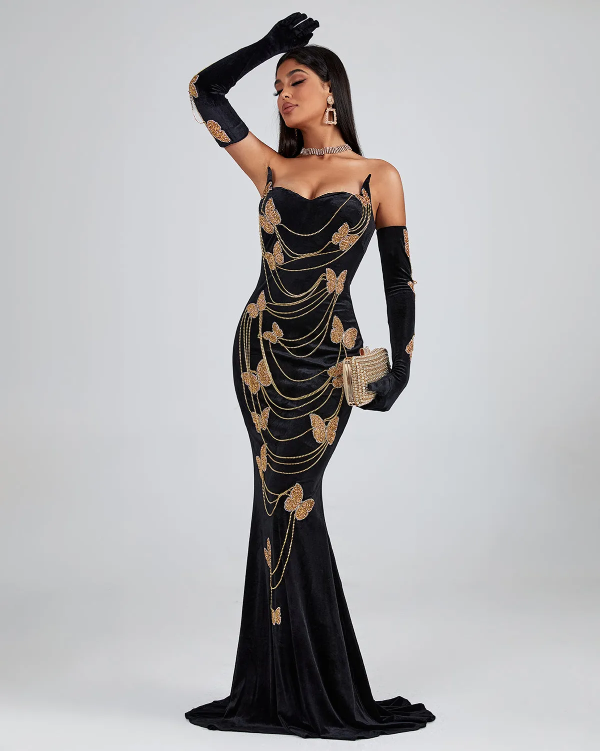 Golden Butterfly Ornamented Maxi Dress With Gloves