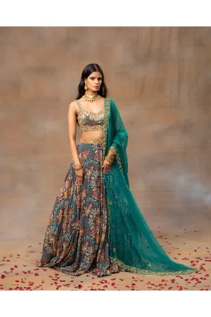 Green Printed Embroidered Choli, Lehenga And Dupatta Set